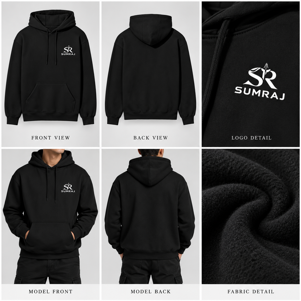 SUMRAJ Men's Essential Black Hoodie – 300 GSM Brushed Fleece