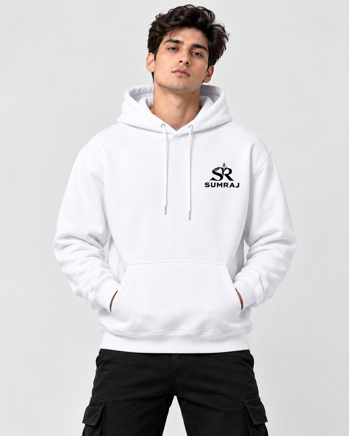 SUMRAJ Men's Essential White Hoodie – 300 GSM Brushed Fleece