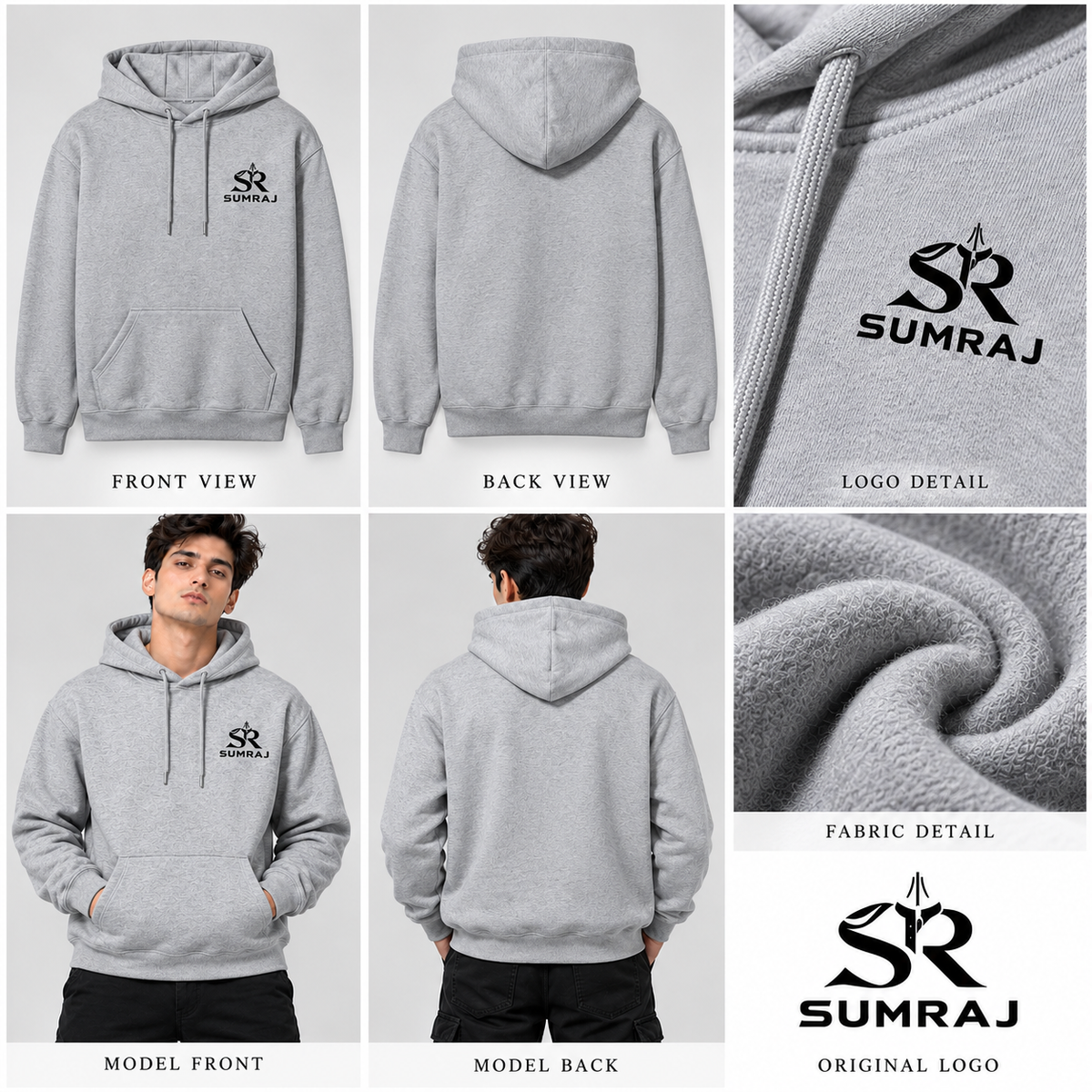 SUMRAJ Men's Essential Grey Hoodie – 300 GSM Brushed Fleece