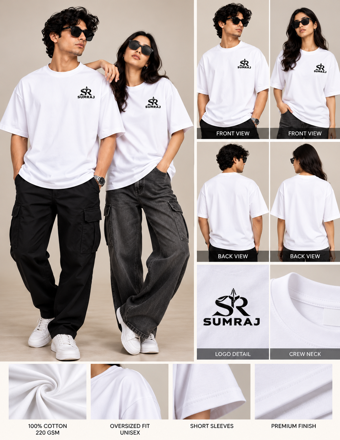 SUMRAJ Unisex Oversized White T-Shirt