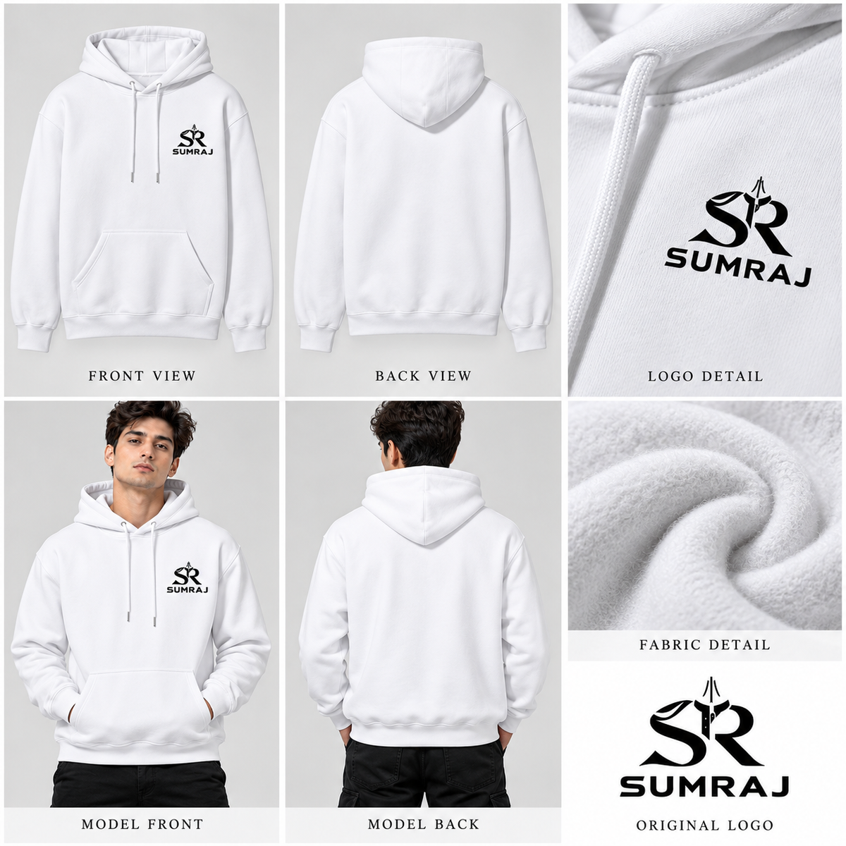 SUMRAJ Men's Essential White Hoodie – 300 GSM Brushed Fleece